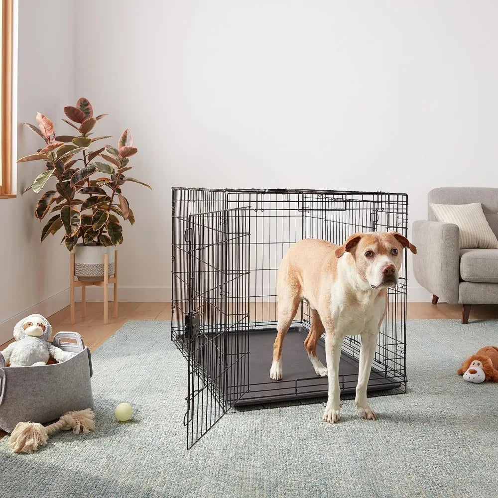 Foldable Metal Wire Dog Crate With Tray Double Door